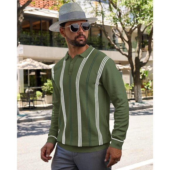 Men's Knit Polo Sweater Long Sleeve Striped Thermal Button Collar Sweater Green - Picture 2 of 7